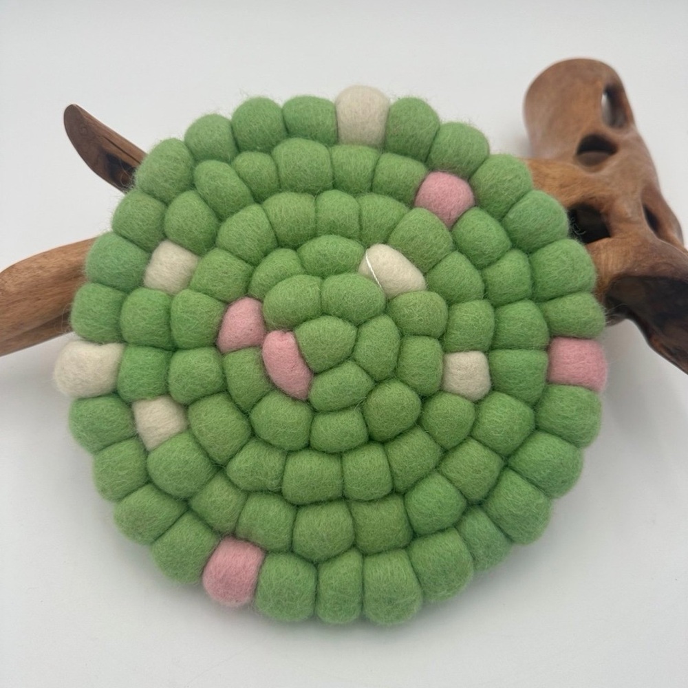 NEW - 100% Felted Wool Ball / Pom Pom Trivet / Hot Pad Pastel Green Pink Easter